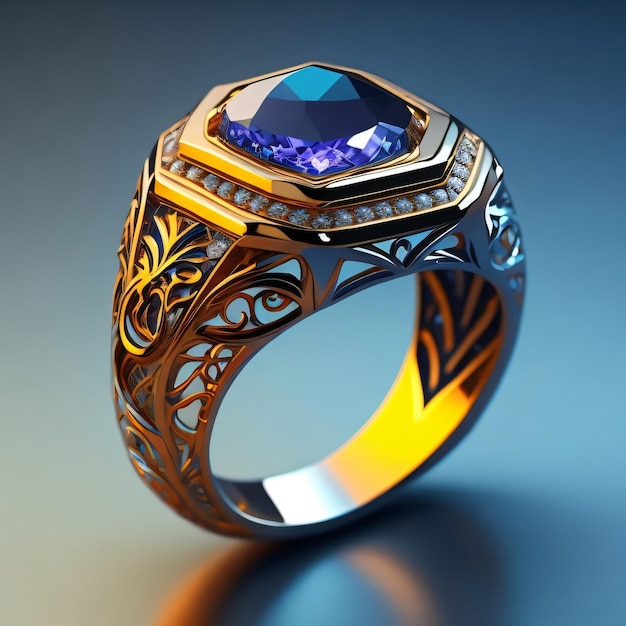 Ein goldener Ring mit einem blauen Stein und Diamanten.