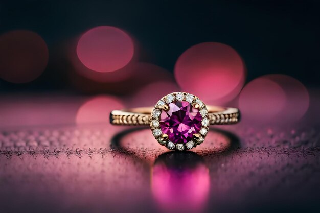 ein goldener Ring mit einem rosa Stein und Diamanten