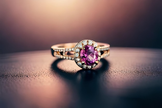 ein goldener Ring mit einem rosa Stein und Diamanten