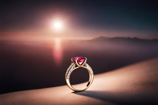 ein goldener Ring mit einem rosa Stein und Diamanten