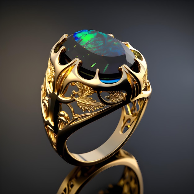 Ein goldener Ring mit einem schwarzen Opal an der Spitze.