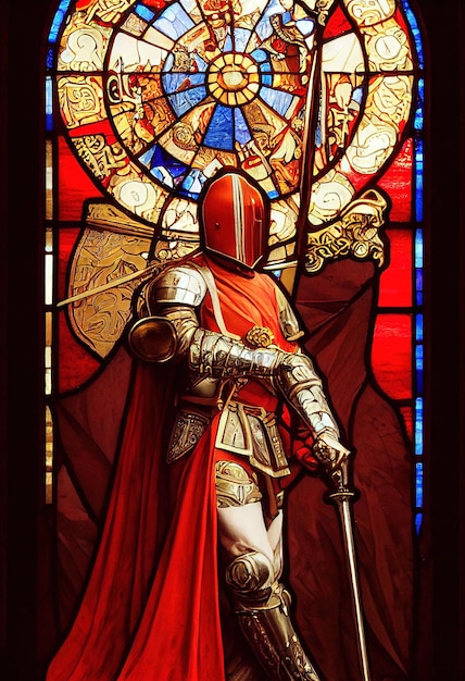 Ein goldener Ritter in einem roten Mantel auf dem Hintergrund einer Kirchenfensterillustration