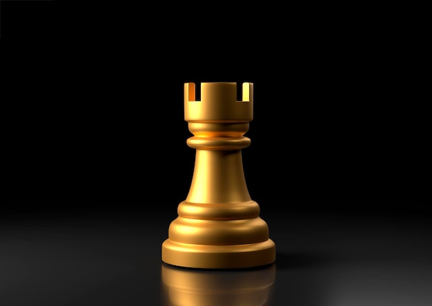 Ein goldener Schachturm steht gegen einen schwarzen Hintergrund 3D-Rendering-Illustration
