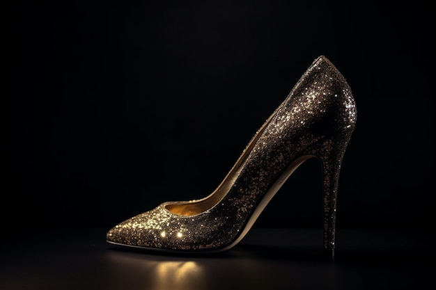 Ein goldener Schuh mit schwarzem Hintergrund und dem Wort Gold darauf.