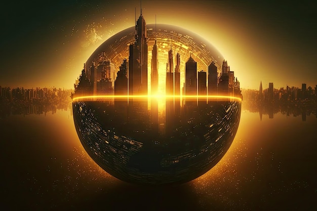 Ein goldener Sonnenaufgang, der den Globus erleuchtet und Lichtstrahlen über ein Stadtbild wirft