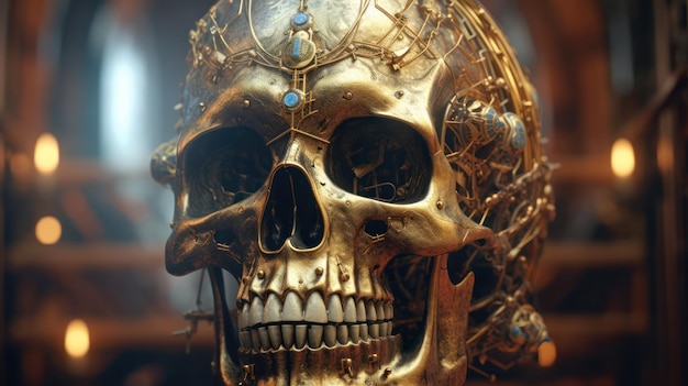 Ein goldener Totenkopf mit einem blauen Stein an der Spitze.