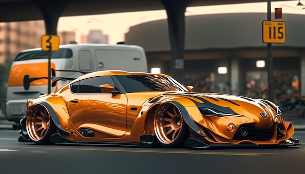 Ein goldener toyota supra mit schwarzer und oranger lackierung