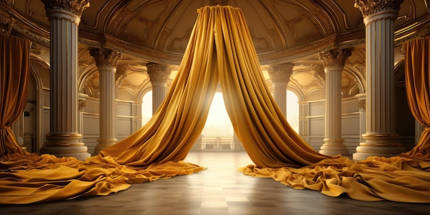 Foto ein goldener vorhang in einem ausstellungsraum fotorealistischer eleganter realismus minimalistischer bühnenentwurf