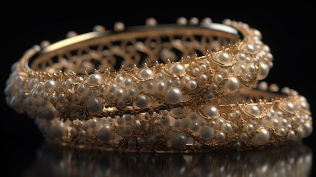 Ein goldenes Armband mit Perlenmuster auf der linken Seite.