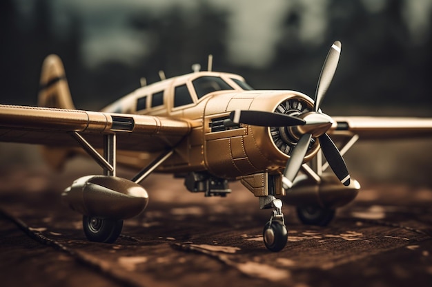 Ein goldenes Flugzeug mit dem Propeller an der Nase sitzt auf einem unbefestigten Boden.