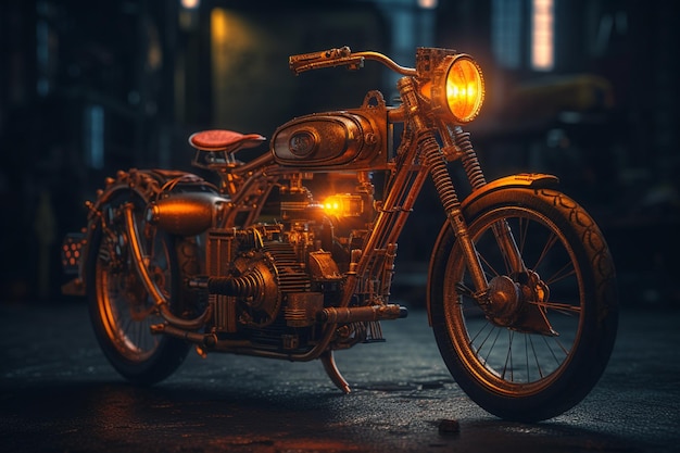 Ein goldenes Motorrad mit einem Licht vorne.