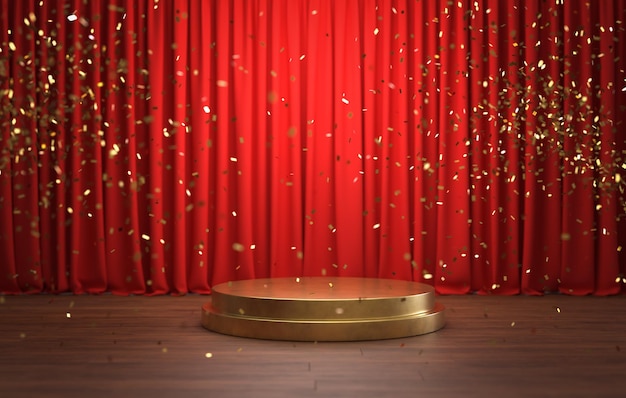Foto ein goldenes podium vor einem roten vorhang, auf den goldenes konfetti fällt.