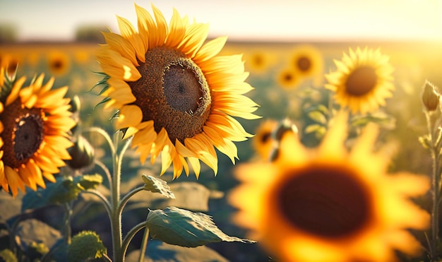 Ein goldenes Sonnenblumenfeld, das sich zum Horizont hin ausdehnt, seine Blütenblätter folgen dem Weg der Sonne über den Himmel