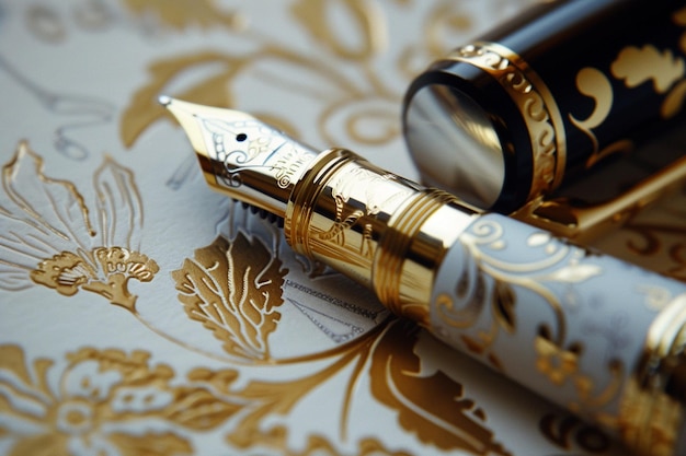 ein goldenes und schwarzes Stift liegt auf einem Tisch mit einem goldenen und weißen Tuch