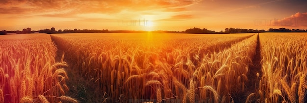 Ein goldenes Weizenfeld, hinter dem die Sonne untergeht