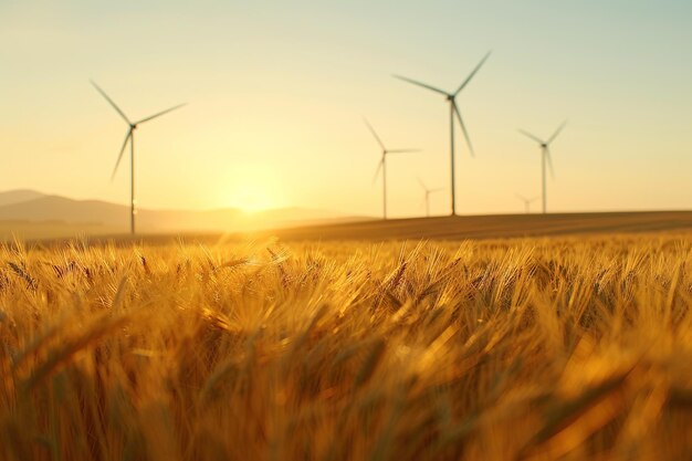 Ein goldenes Weizenfeld mit Windturbinen vor einem Sonnenuntergang