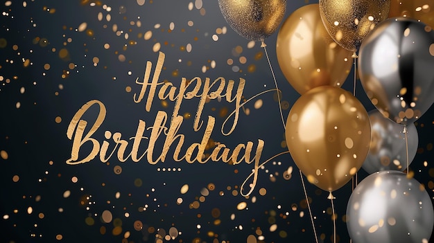 ein goldfarbener Hintergrund mit goldenen Ballons und den Worten "Glücklicher Geburtstag"