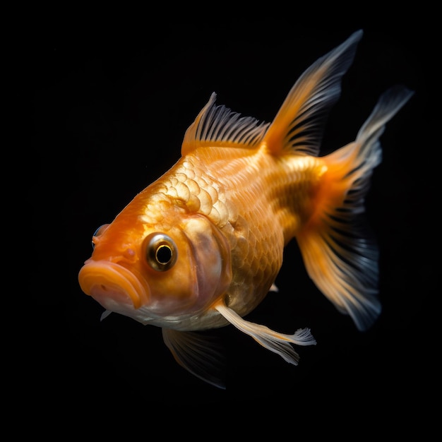 Ein Goldfisch mit schwarzem Hintergrund, dessen Rückseite in die Kamera zeigt.