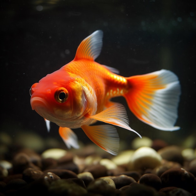 Ein Goldfisch mit weiß-orangefarbenem Schwanz schwimmt in einem Becken mit Steinen und Kieselsteinen.