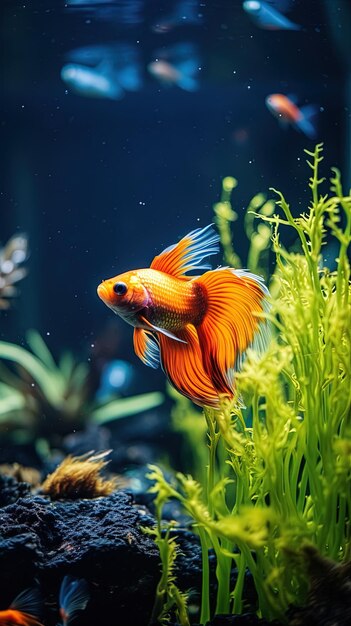 ein Goldfisch schwimmt in einem Aquarium mit grünen Pflanzen.