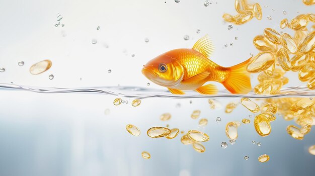Ein Goldfisch schwimmt in einer Welle von Öl und Fischöl auf einem Hintergrund von Fischölkapseln auf einem weißen Rücken