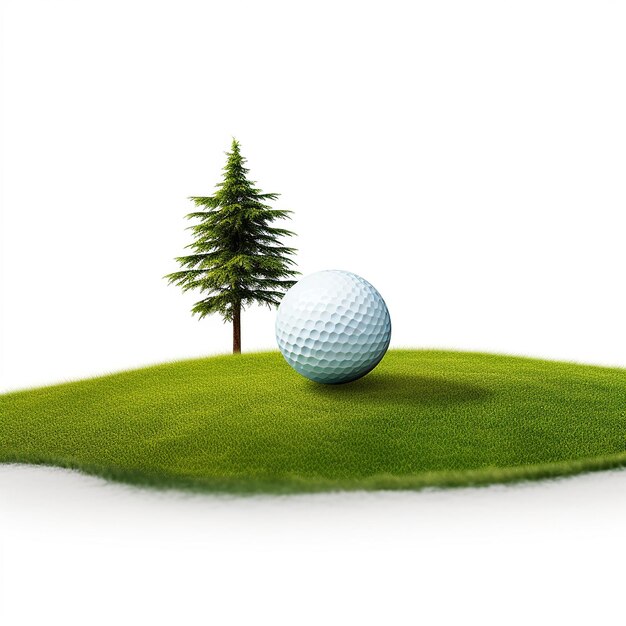 ein Golfball auf einem Gras mit einem Baum im Hintergrund