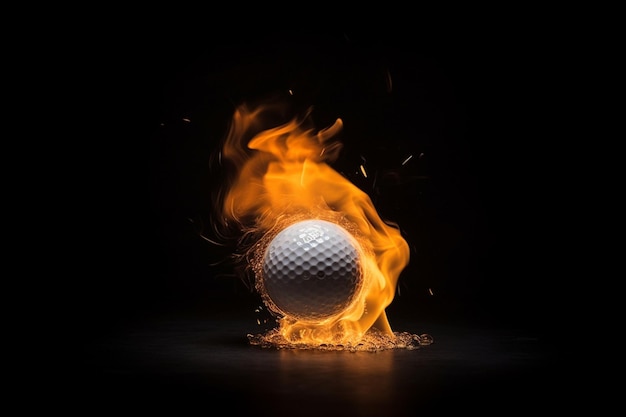 Ein Golfball brennt in Flammen mit schwarzem Hintergrund.