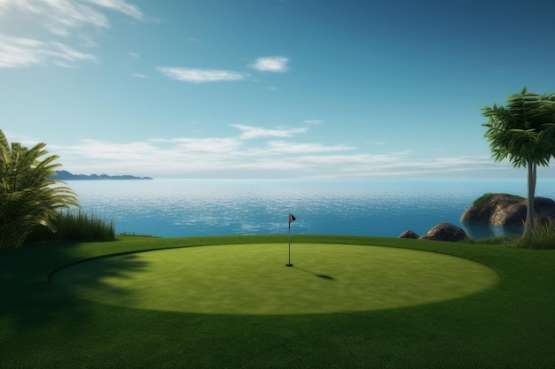 Ein Golfplatz mit blauem Himmel und dem Meer im Hintergrund.