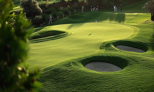 ein Golfplatz mit einem grünen Kreis mit einem Loch in der Mitte