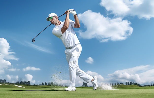 Ein Golfspieler in einem blauen Hemd steht mit einer Tasche Golfschläger auf dem Rücken auf einem Golfplatz. Hochwertiges Foto