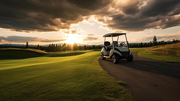 Ein Golfwagen Golfwagen im Fairway eines Golfplatzes mit frischem grünem Grasfeld und wolkigen Himmel und Baum beim Sonnenuntergang Generative Ai