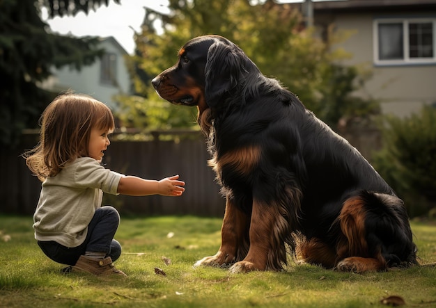 Ein Gordon Setter interagiert spielerisch mit einem kleinen Kind in einem Hinterhof