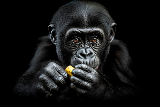 Ein Gorilla frisst ein Stück Orange vor schwarzem Hintergrund.