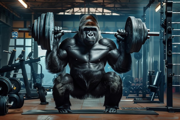 Ein Gorilla hebt eine Stange im Fitnessstudio