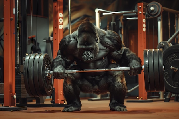 Ein Gorilla hebt eine Stange im Fitnessstudio