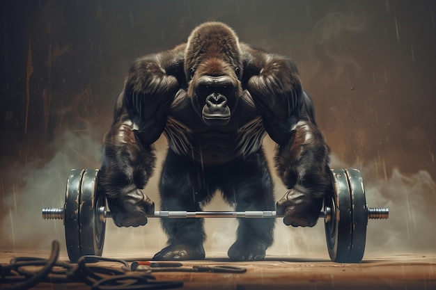 Ein Gorilla hebt eine Stange im Fitnessstudio