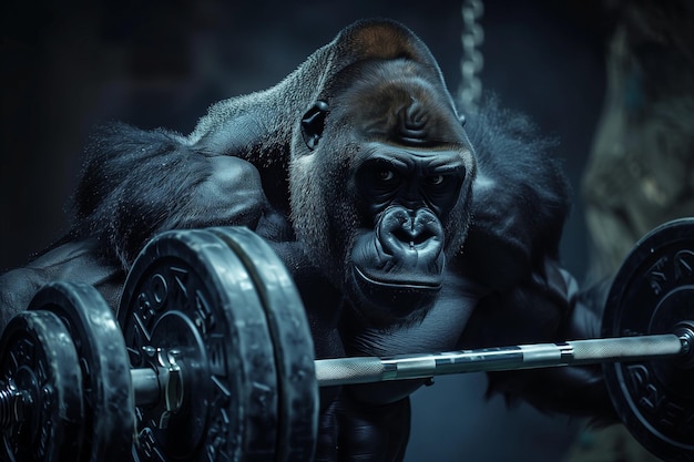 Ein Gorilla hebt eine Stange im Fitnessstudio