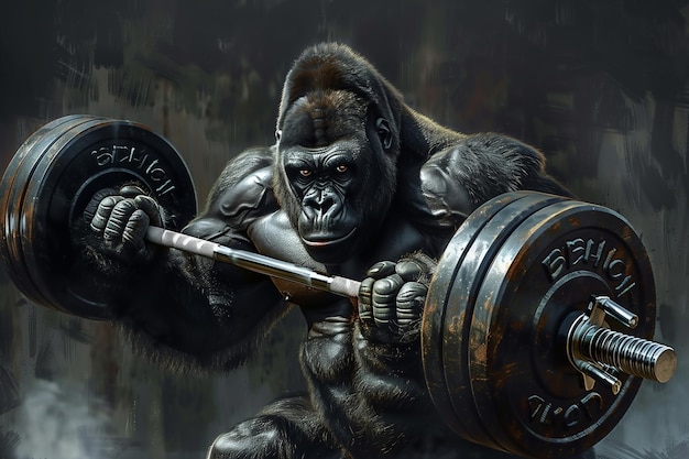 Ein Gorilla hebt eine Stange im Fitnessstudio