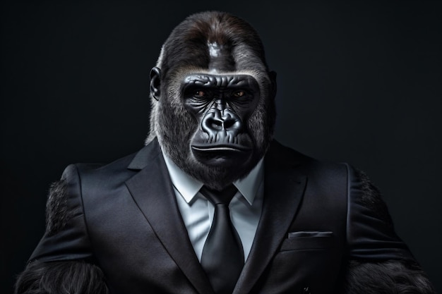 ein Gorilla in Anzug und Krawatte mit ernstem Blick