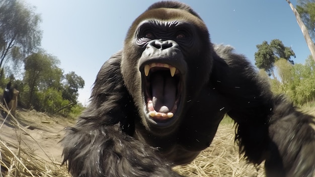 Foto ein gorilla in bewegung, aufgenommen mitten im schritt ai generative