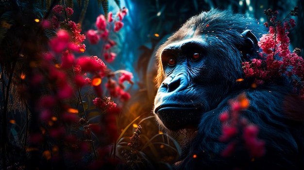 Ein Gorilla in einem Dschungel mit Blumen