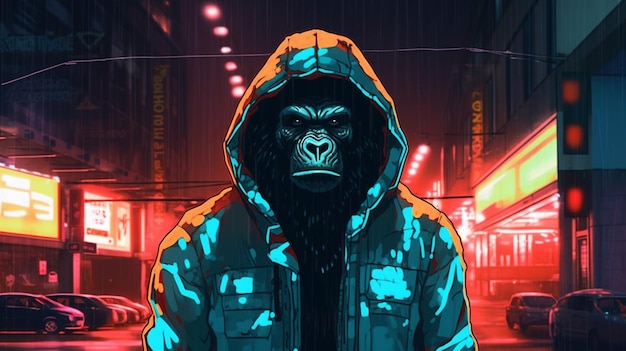 Ein Gorilla in einem Hoodie mit einem Neonschild, auf dem steht: