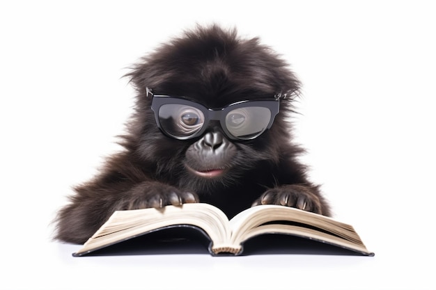 Ein Gorilla liest ein Buch und schaut dabei in die Kamera