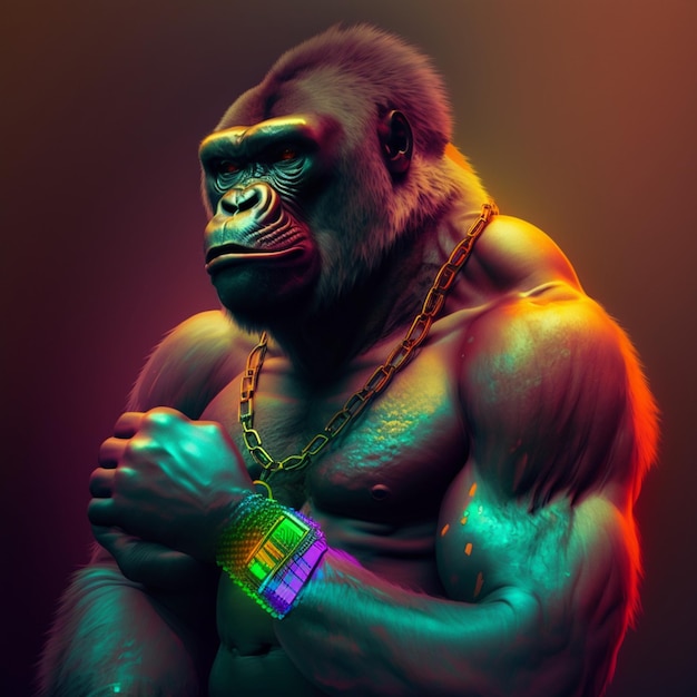 Ein Gorilla mit einem Regenbogenarmband an seinem Handgelenk.