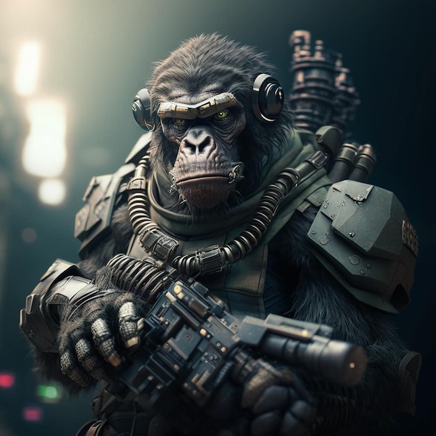 Ein Gorilla mit einer Waffe und einem Helm hält eine Waffe.