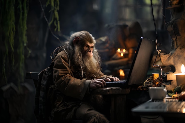 Ein Gorilla mit langen Haaren und Bart sitzt auf einem Laptop mit einer Palme im Wald. Ein von der KI generiertes Bild