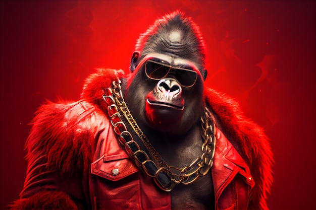 Ein Gorilla mit Sonnenbrille und roter Jacke