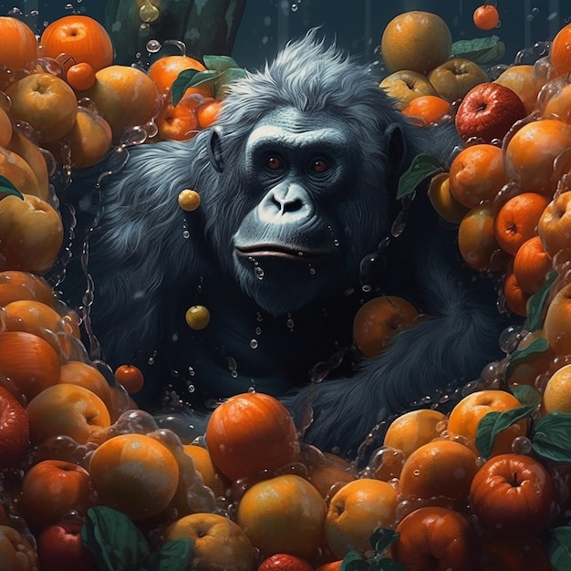 Ein Gorilla umgeben von Orangen und Wasser mit dem Wort Frucht darauf.