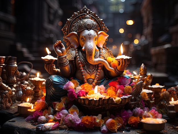 Ein Gott Ganesh mit Blumen und Kerzen, der Öllampen für die Diwali-Feierlichkeiten anzündet