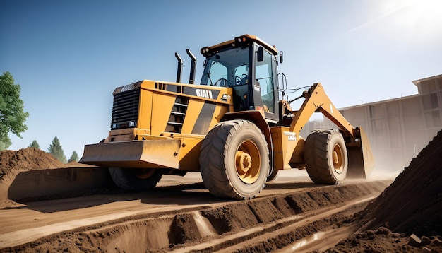 Foto ein grader, der auf einer baustelle unebenes gelände ausgeglichen und ausgeglättet